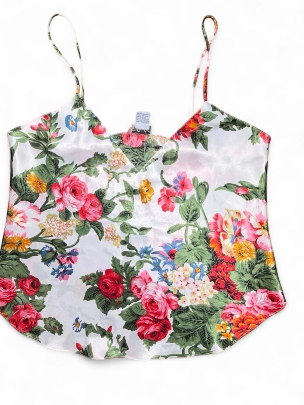 Vintage Sedu Satin Floral Cami Tank White Rose Spaghetti Strap Lingerie Sz L